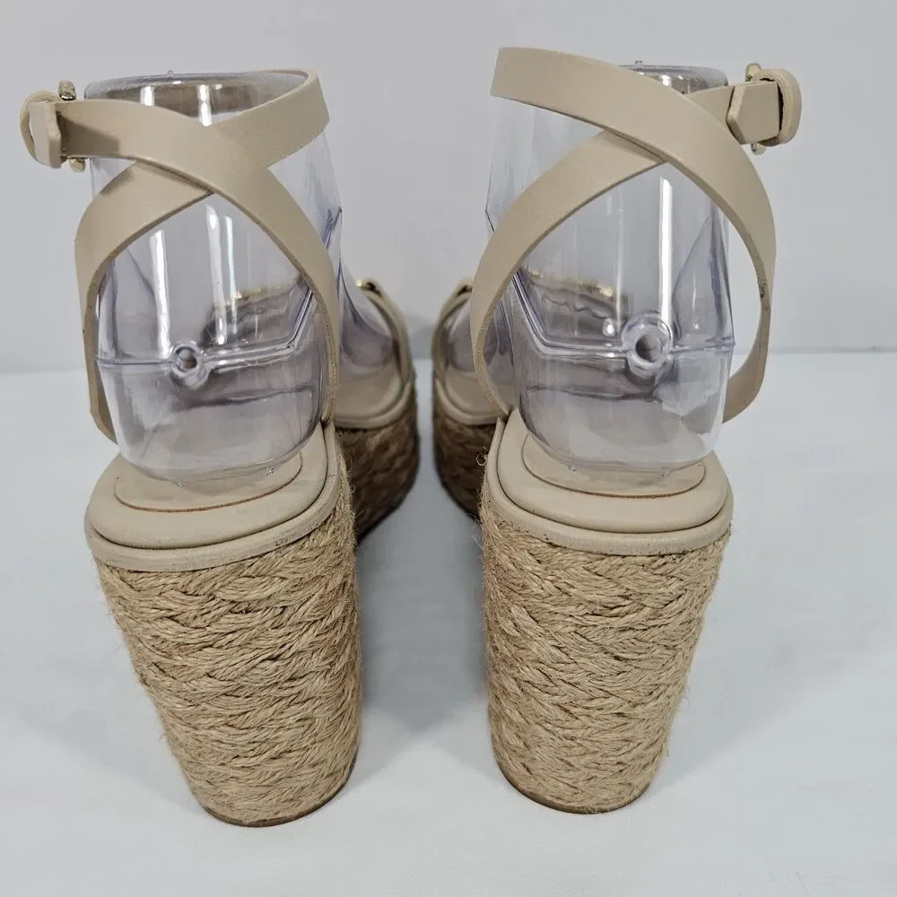 Massimo Dutti Spain Beige Leather Bit Platform Jute Wedge Sandals Sz 38 US 7.5